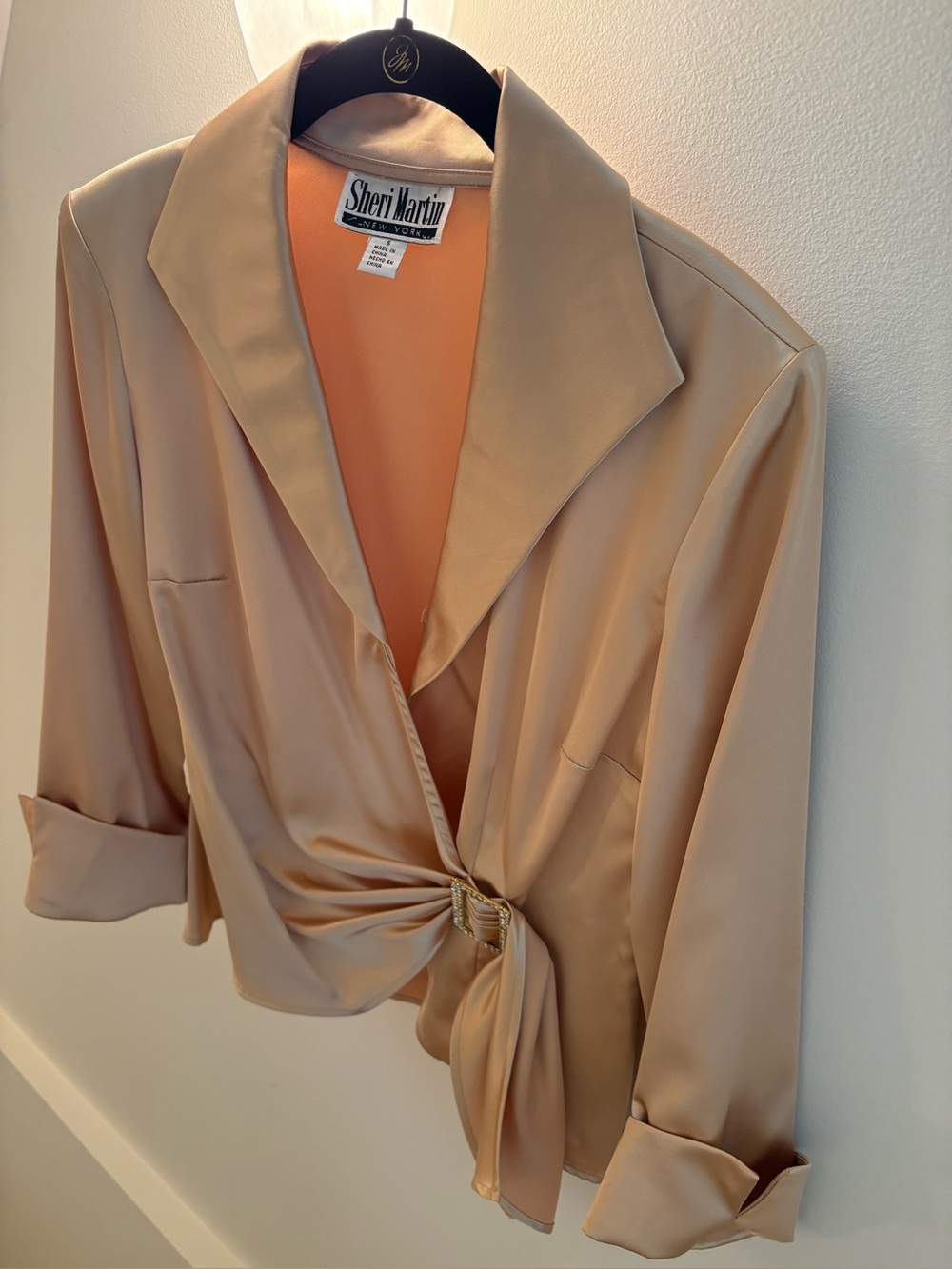 Sheri Martin Satin Faux Tie-Front Blouse With Embellished Buckle and Side Zip
